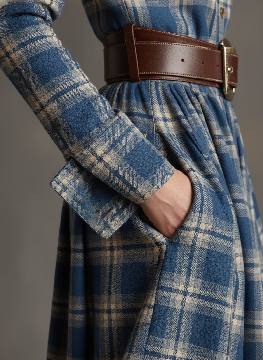 Margaux | Robe longue à revers et carreaux brun rougeâtre, style ethnique rétro