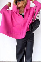 Pauline | Gilet ample en maille à capuche peluche, zip et poches