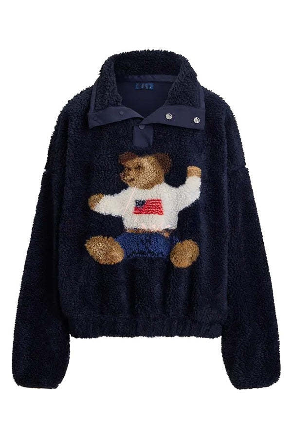 Ambre | Pull polaire rétro américain à col montant boutonné et motif ours