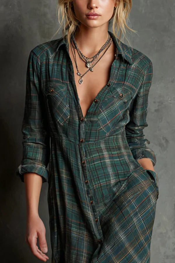 Ombeline | Robe chemise longue à carreaux, boutonnée devant, à manches longues pour femme