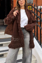 Eugénie | Long gilet ceinturé en maille à imprimé bandana et col châle à franges