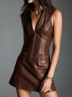 Manon | Mini robe en cuir écologique marron chocolat, zippée devant et poches utilitaires