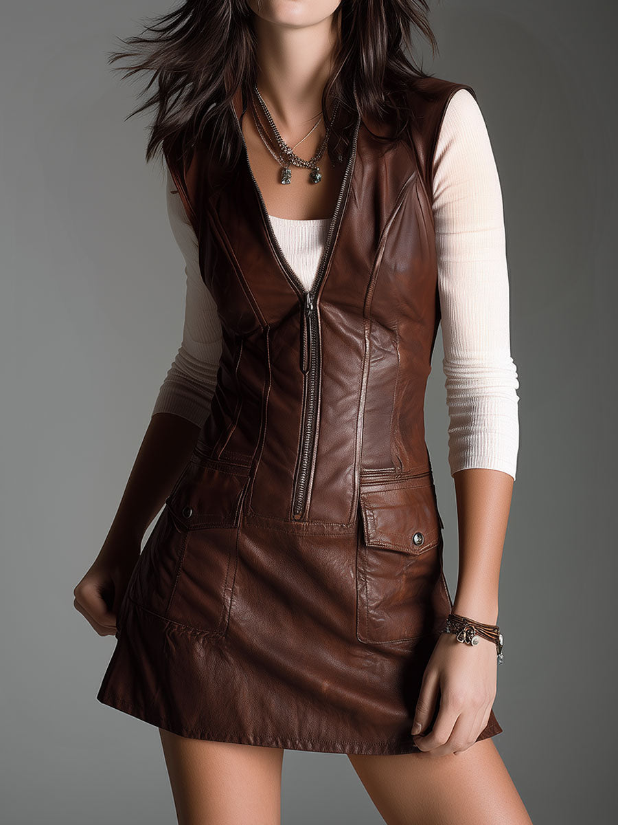 Manon | Mini robe en cuir écologique marron chocolat, zippée devant et poches utilitaires