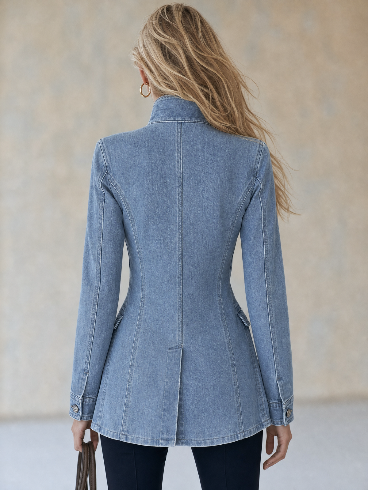 Émilie | Veste militaire en denim bleu à col montant