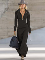 Solenne | Robe longue rétro sportive à col V, zip devant et manches longues