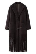 Roxane | Manteau mi-long en laine mélangée à revers, poches et franges