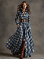 Margaux | Robe longue à revers et carreaux brun rougeâtre, style ethnique rétro