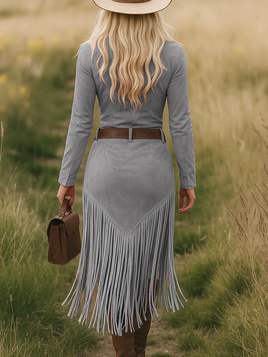 Camille | Robe mi-longue western rétro à revers, zippée, manches longues et franges
