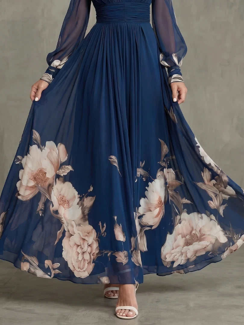 Elena | Vestido Largo Floral Escote en V y Manga Larga