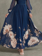 Elena | Vestido Largo Floral Escote en V y Manga Larga