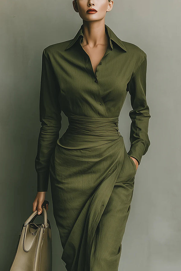 Armance | Robe mi-longue à col chemise, boutonnée devant et taille drapée pour femme