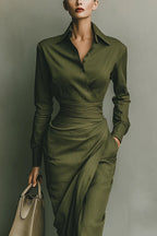 Armance | Robe mi-longue à col chemise, boutonnée devant et taille drapée pour femme
