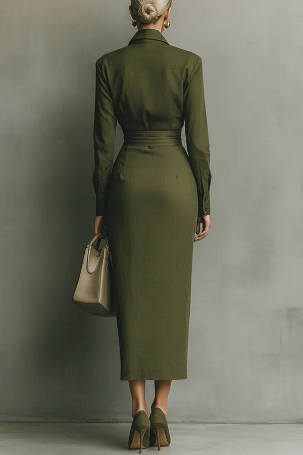 Armance | Robe mi-longue à col chemise, boutonnée devant et taille drapée pour femme