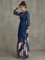 Elena | Vestido Largo Floral Escote en V y Manga Larga