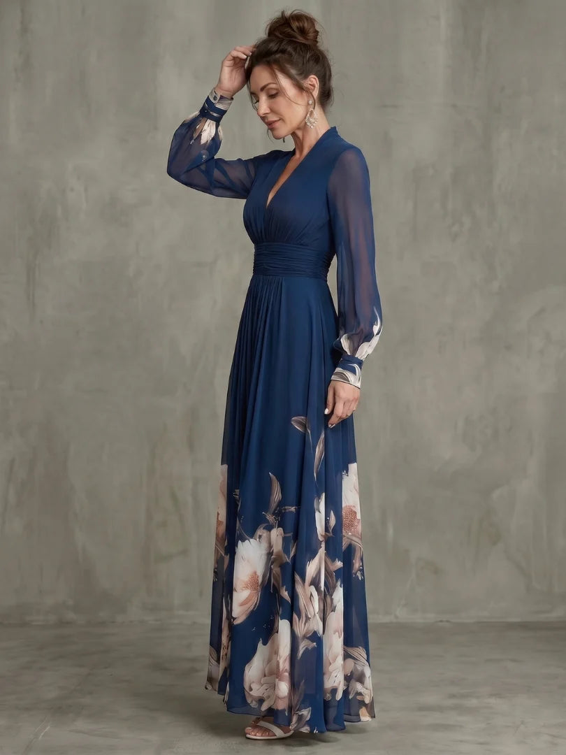 Elena | Vestido Largo Floral Escote en V y Manga Larga