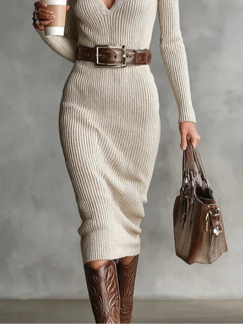 Liséa | Robe mi-longue en maille côtelée à col en V et ceinture pour femme