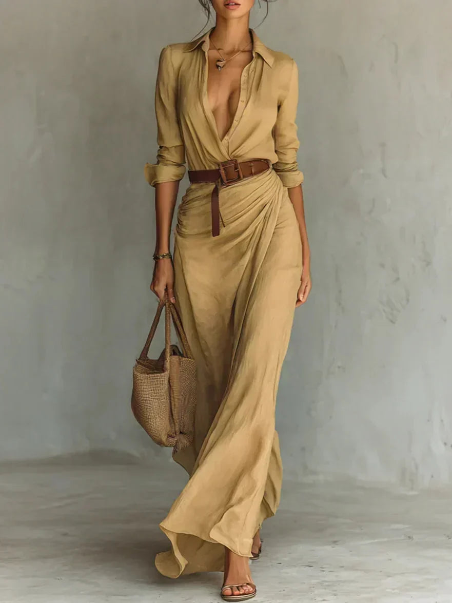 Aliénor | Robe longue portefeuille ceinturée à col V