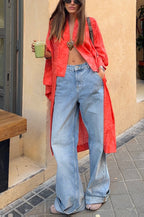 Inès | Long manteau kimono ample en satin jacquard imprimé à manches chauve-souris