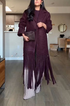 Roxane | Manteau mi-long en laine mélangée à revers, poches et franges