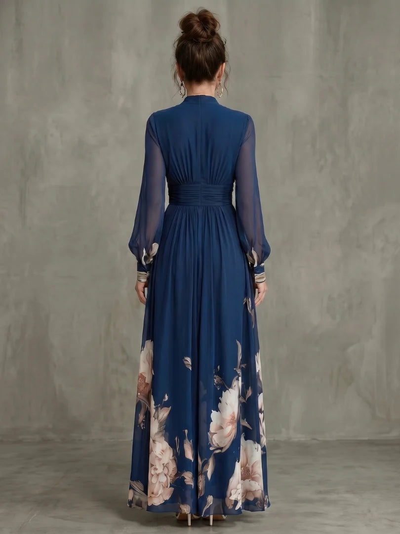 Elena | Vestido Largo Floral Escote en V y Manga Larga