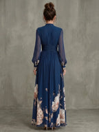 Elena | Vestido Largo Floral Escote en V y Manga Larga