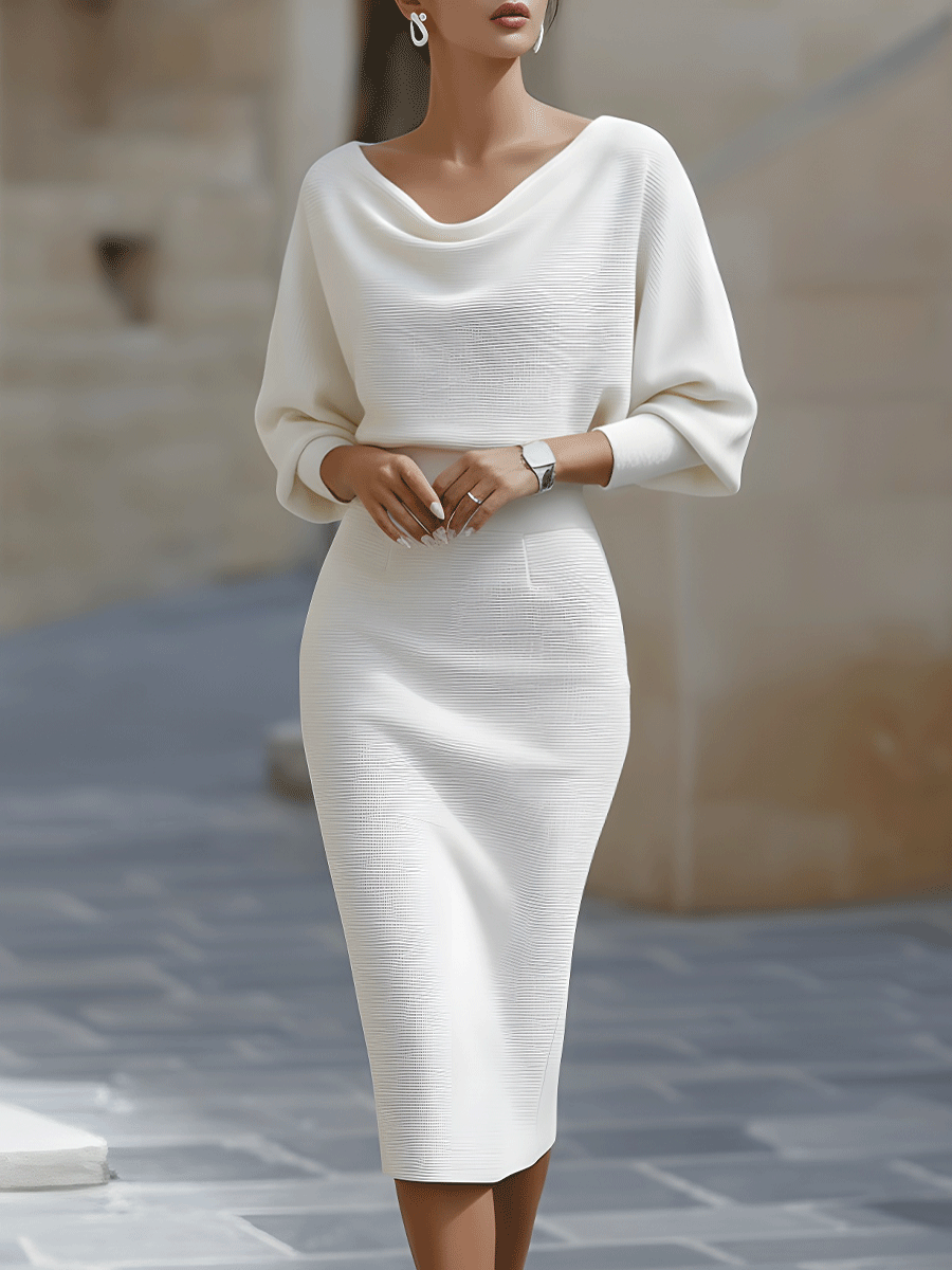 Camille | Robe midi drapée blanche à manches chauve-souris