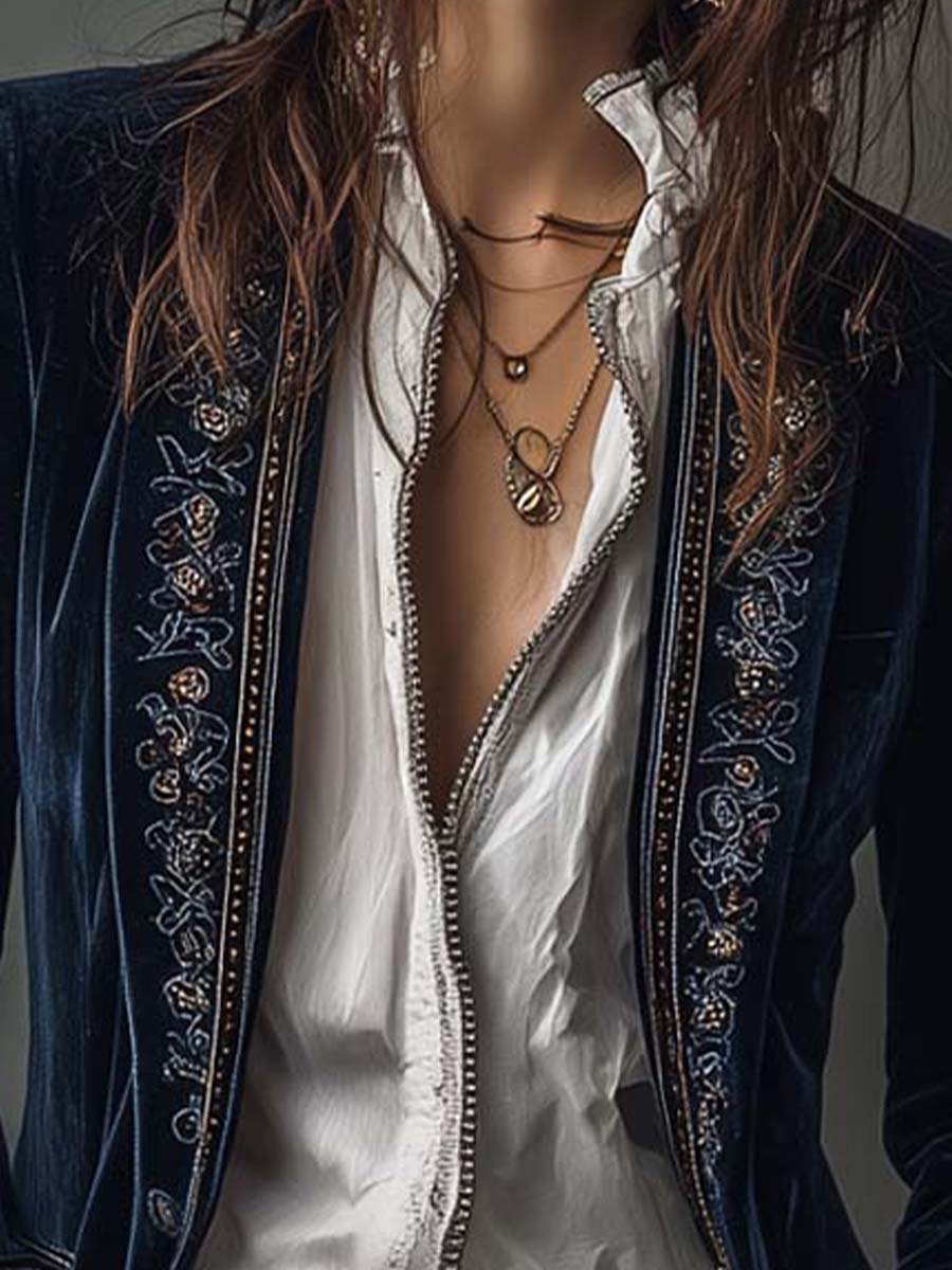 Éloïse | Veste longue brodée vintage bleu marine