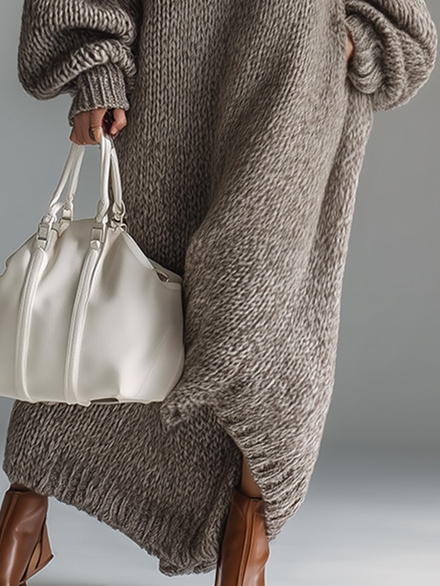 Ysaline | Robe longue élégante en maille chinée kaki à col rond