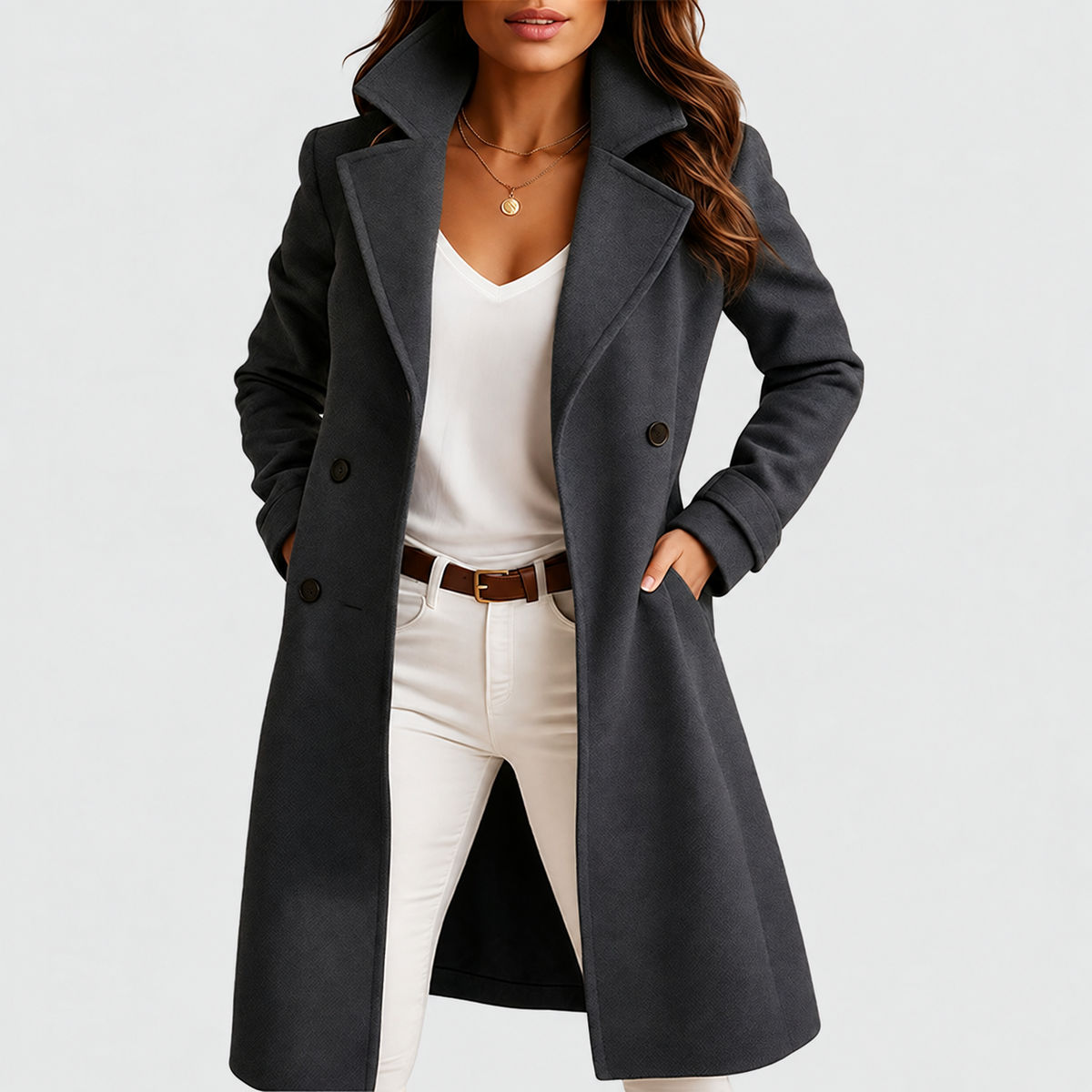 Blanche | Long manteau ajusté à col à revers
