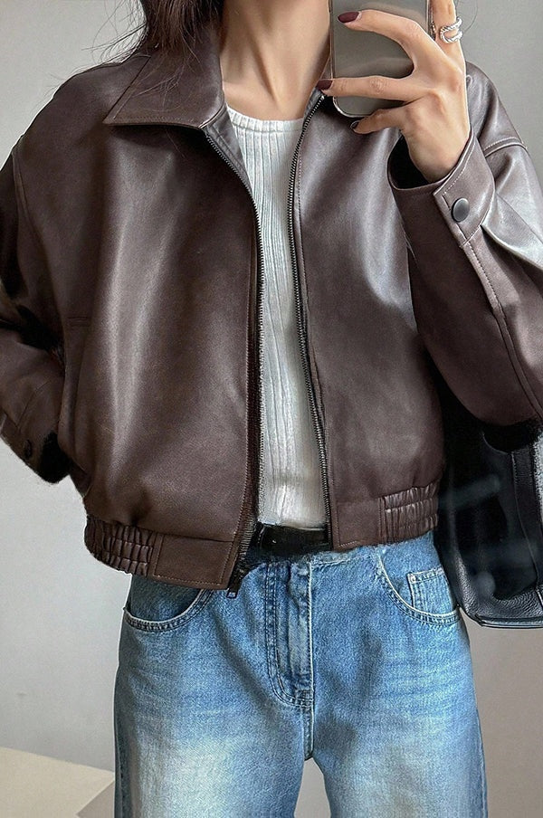 Garance | Courte veste en cuir à revers et poches
