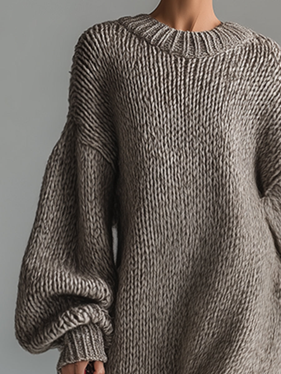 Ysaline | Robe longue élégante en maille chinée kaki à col rond