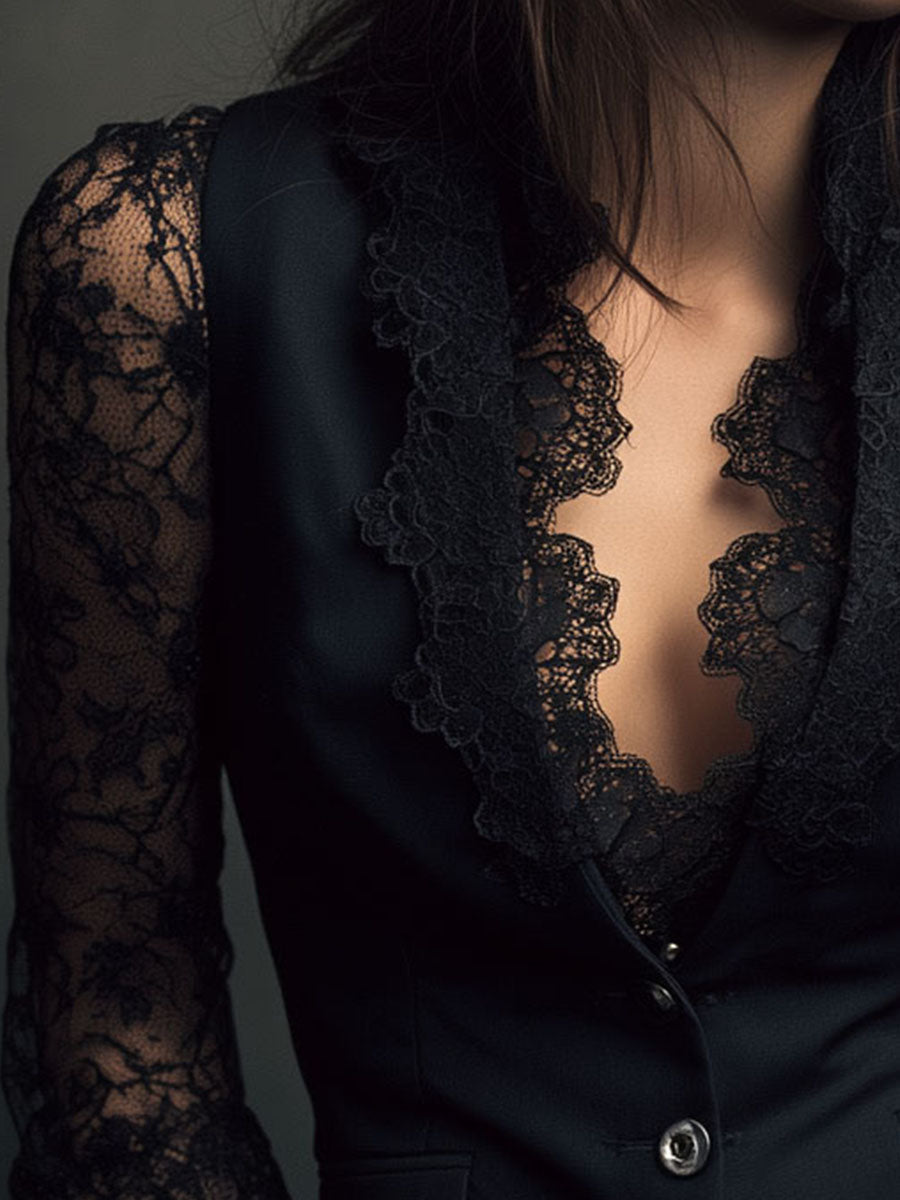 Célestine | Haut Blazer Noir à Manches Semi-Transparentes