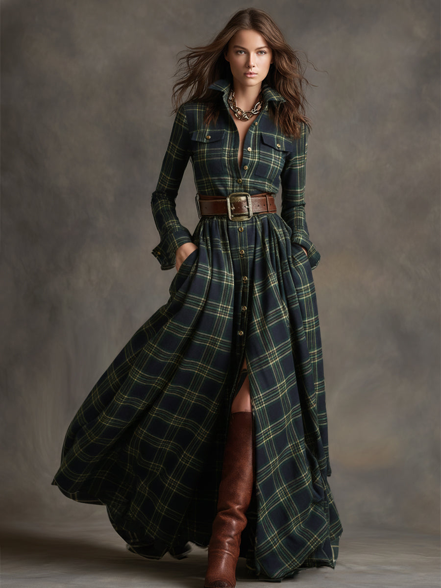 Margaux | Robe longue à revers et carreaux brun rougeâtre, style ethnique rétro