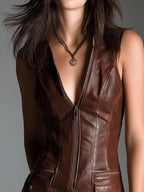 Manon | Mini robe en cuir écologique marron chocolat, zippée devant et poches utilitaires