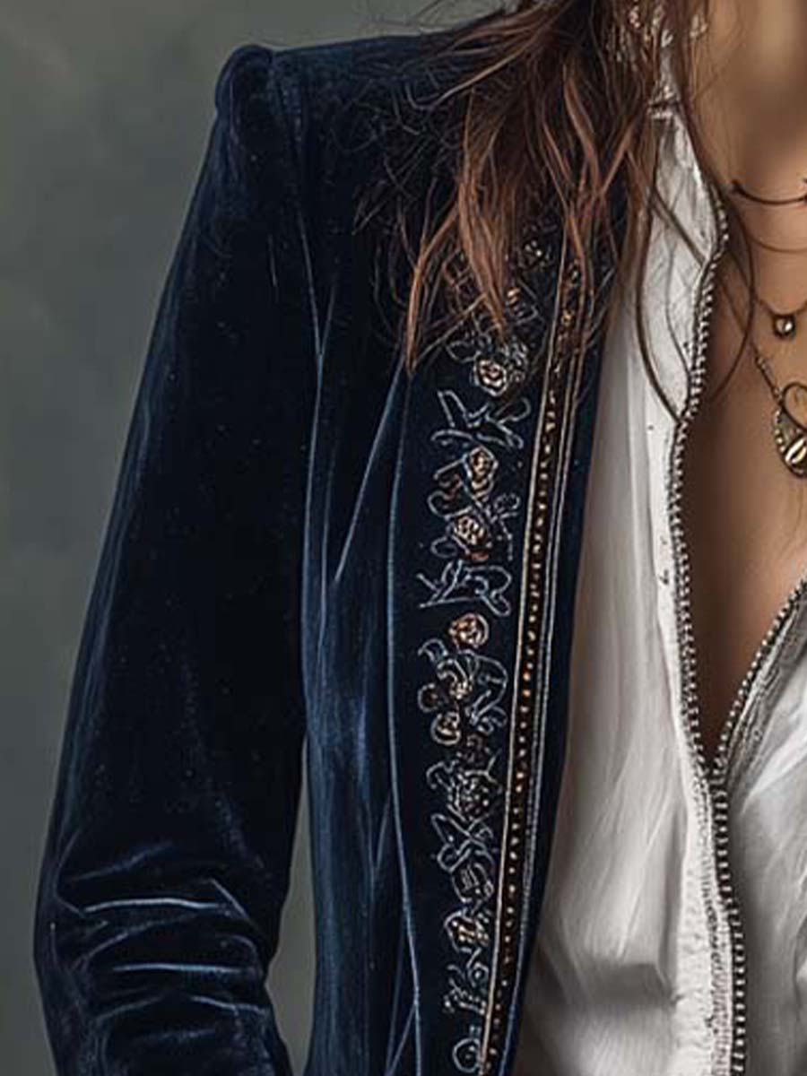 Éloïse | Veste longue brodée vintage bleu marine