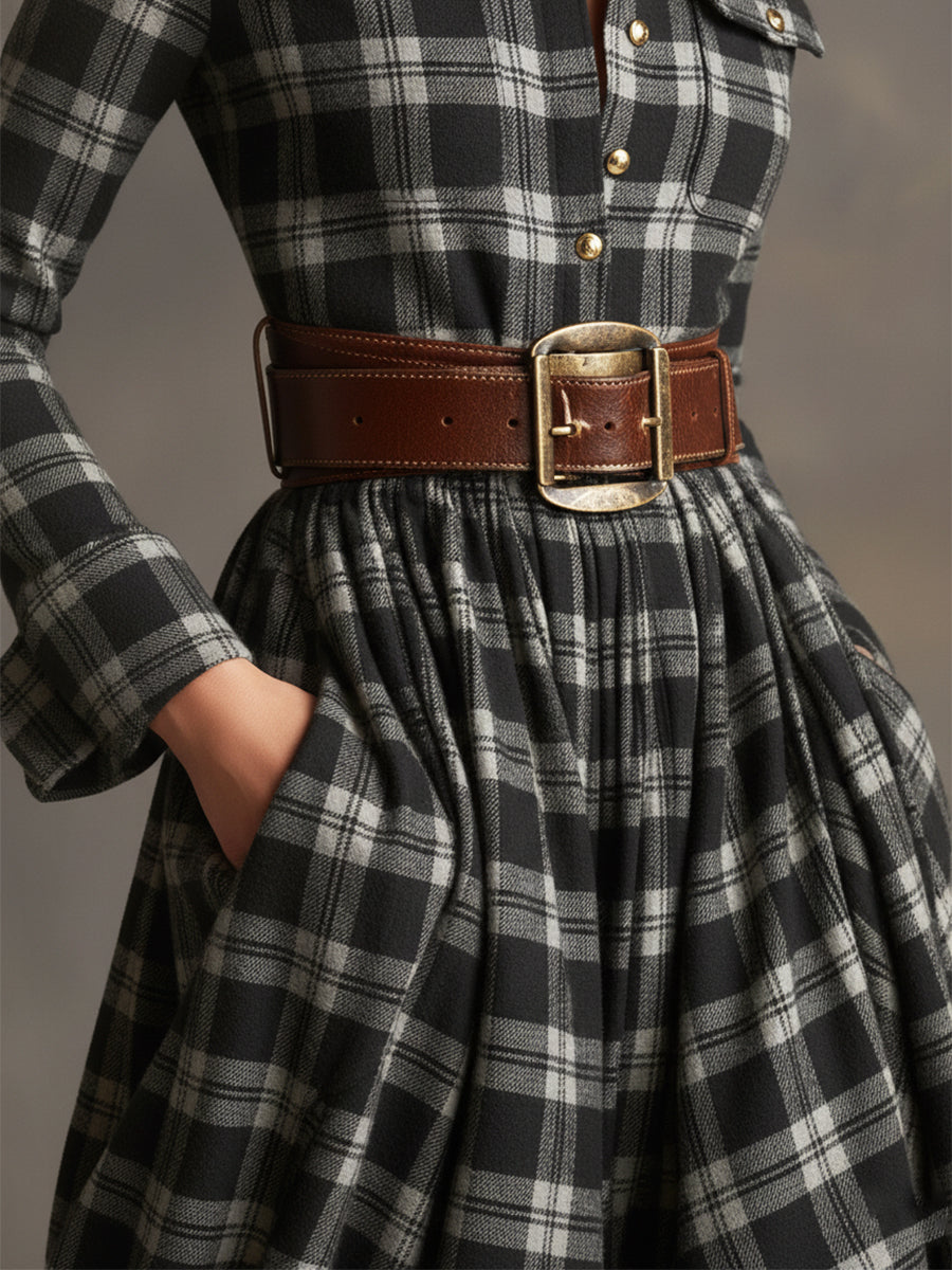 Margaux | Robe longue à revers et carreaux brun rougeâtre, style ethnique rétro