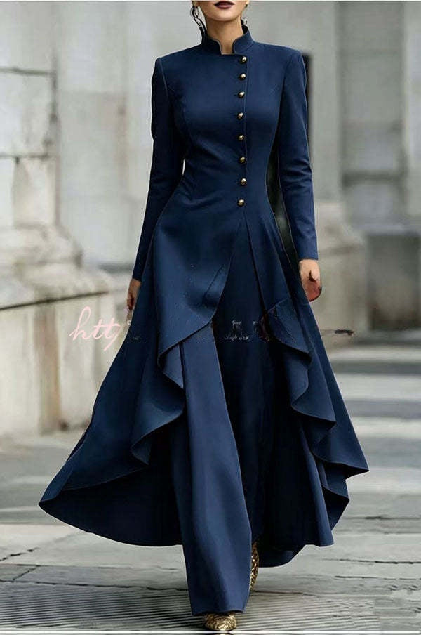 Juliette | Ensemble haut à col montant boutonné à ourlet asymétrique et pantalon large