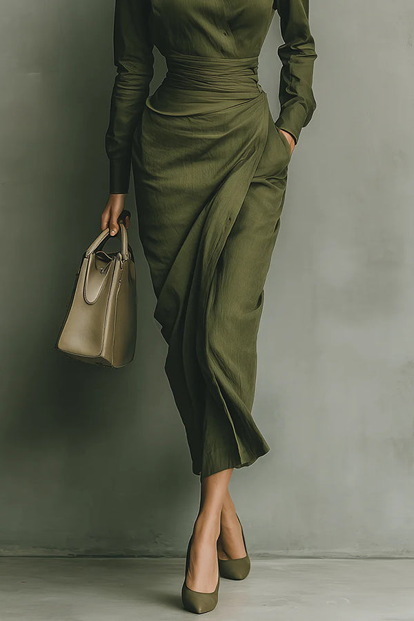 Armance | Robe mi-longue à col chemise, boutonnée devant et taille drapée pour femme