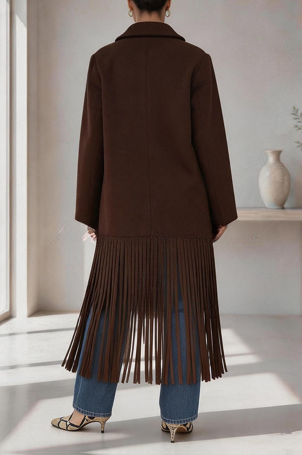 Roxane | Manteau mi-long en laine mélangée à revers, poches et franges
