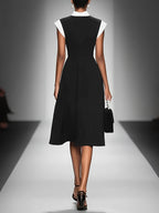Louane | Robe Midi Femme Bicolore Col Carré Manches Capes Cintrée à la Taille