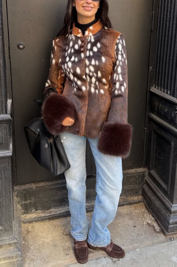 Faustine | Veste rétro en fausse fourrure imprimé animal, col montant et poignets duveteux