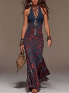Yoana | Vestido largo retro de encaje con cuello halter y estampado floral estilo sirena.