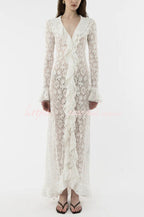 Héloïse | Robe longue à col revers en dentelle florale, volants et manches évasées