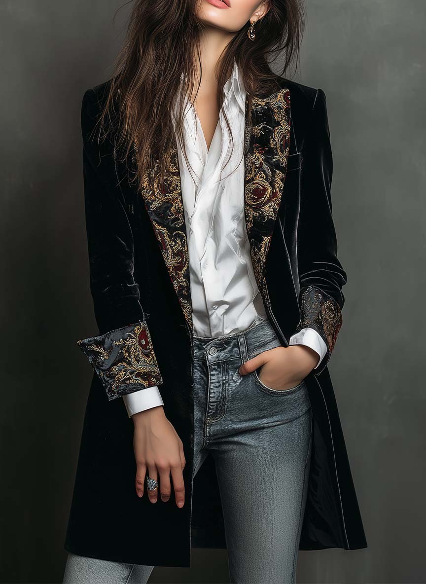 Romane | Blazer Ajusté Imprimé Baroque Noir
