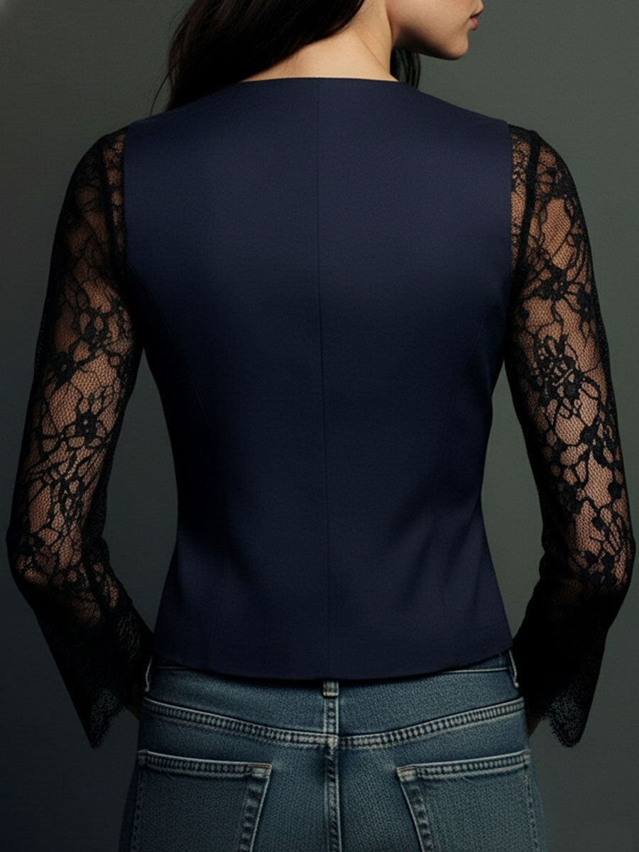 Célestine | Haut Blazer Noir à Manches Semi-Transparentes