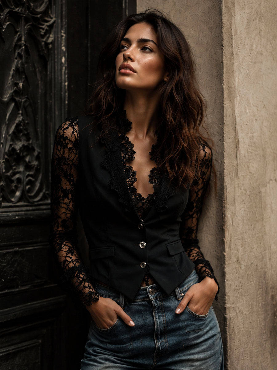 Célestine | Haut Blazer Noir à Manches Semi-Transparentes