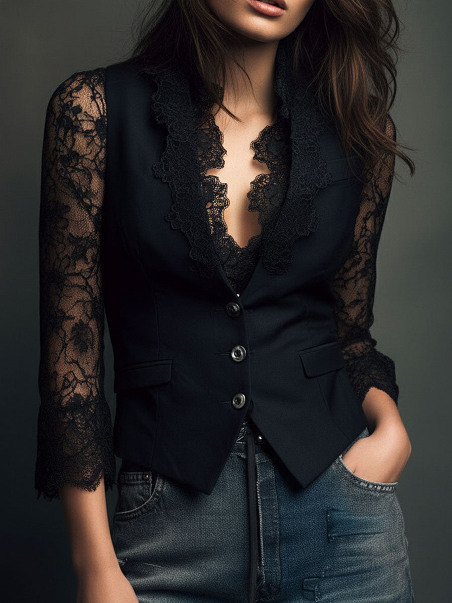 Célestine | Haut Blazer Noir à Manches Semi-Transparentes