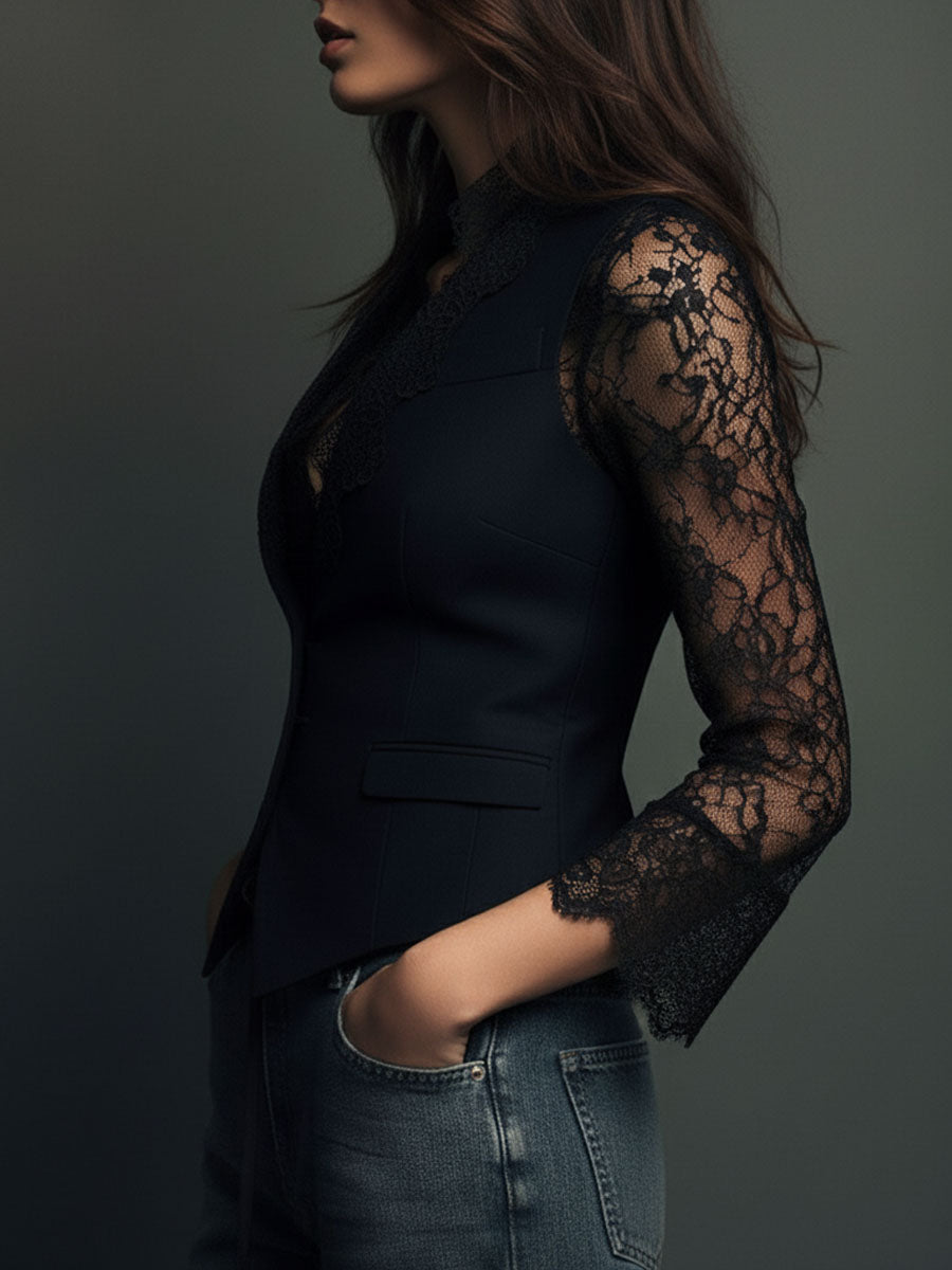 Célestine | Haut Blazer Noir à Manches Semi-Transparentes
