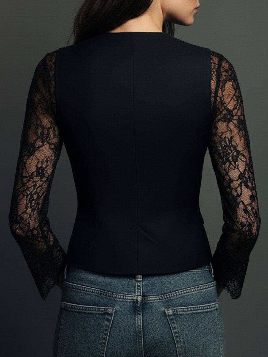 Célestine | Haut Blazer Noir à Manches Semi-Transparentes