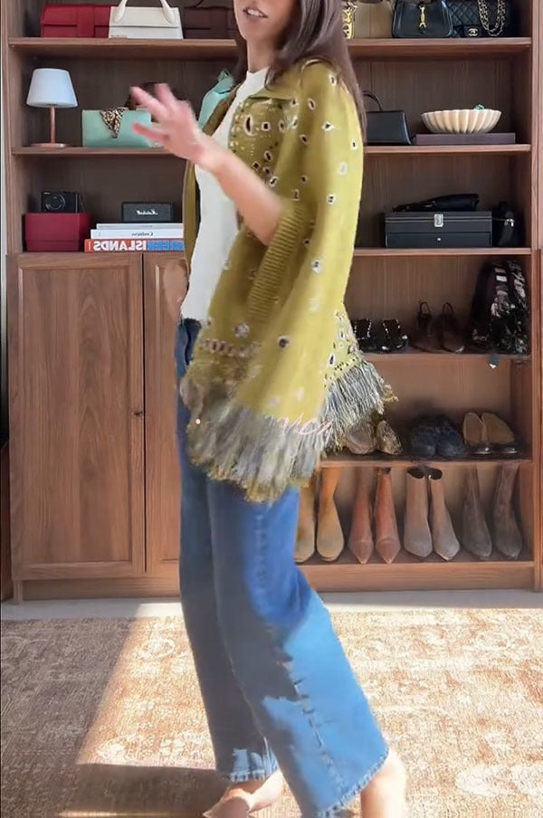 Apolline | Poncho en maille à imprimé bandana, manches ouvertes, franges et zip